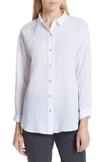 Petite Women's Eileen Fisher Classic Collar Linen Shirt, Size P - Blue/green