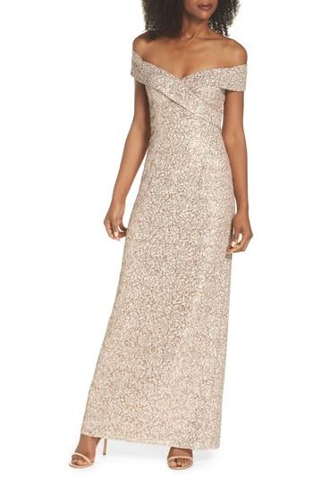 Women's Vince Camuto Off The Shoulder Sequin & Lace Gown - Beige