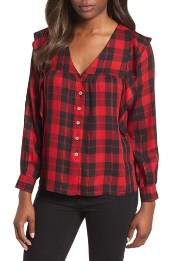 Women's Bobeau Ruffled Plaid Shirt - Red