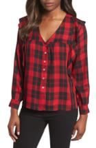 Women's Bobeau Ruffled Plaid Shirt - Red