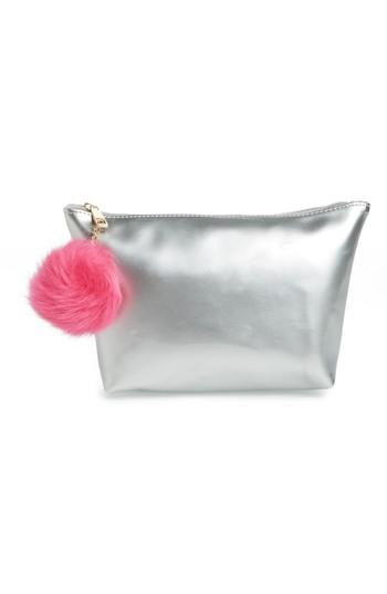 Yoki Bags Metallic Cosmetics Bag With Pom Charm, Size - Silver