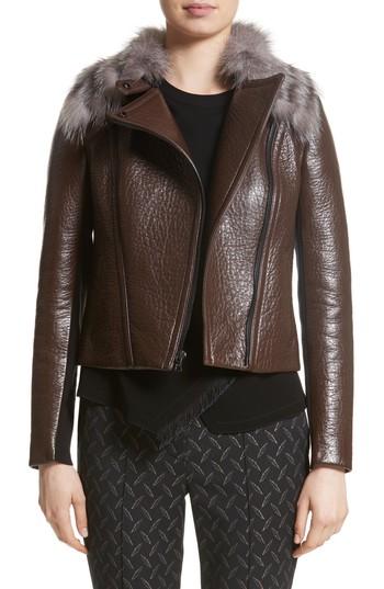 Women's Yigal Azrouel Bonded Moto Leather Jacket With Removable Genuine Fox Fur Collar
