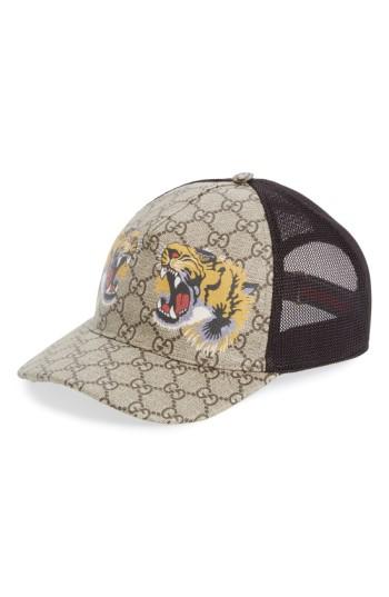 Men's Gucci Tiger Logo Print Baseball Cap - Brown