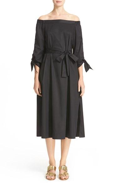 Women's Tibi Satin Poplin Belted Off The Shoulder Dress