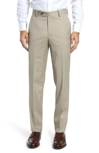 Men's Berle Flat Front Stretch Solid Wool Trousers - Beige