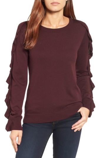 Women's Halogen Ruffle Sleeve Sweater, Size - Burgundy