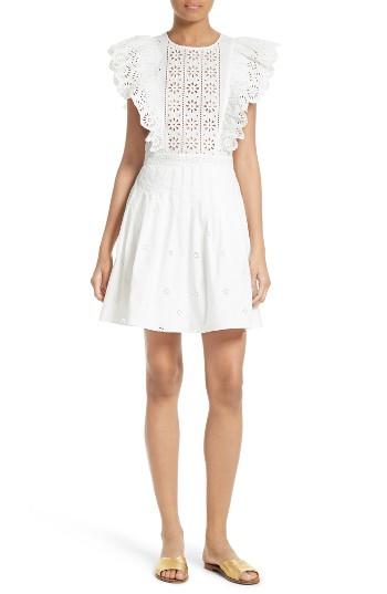 Women's Sea Exploded Eyelet Stripe Ruffle Dress - White