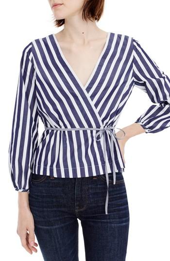 Women's J.crew Stripe Faux Wrap Top - Blue