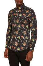 Men's Topman Snake Floral Print Shirt, Size - Black