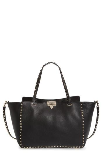 Valentino Garavani 'rockstud' Grained Calfskin Leather Tote - Black