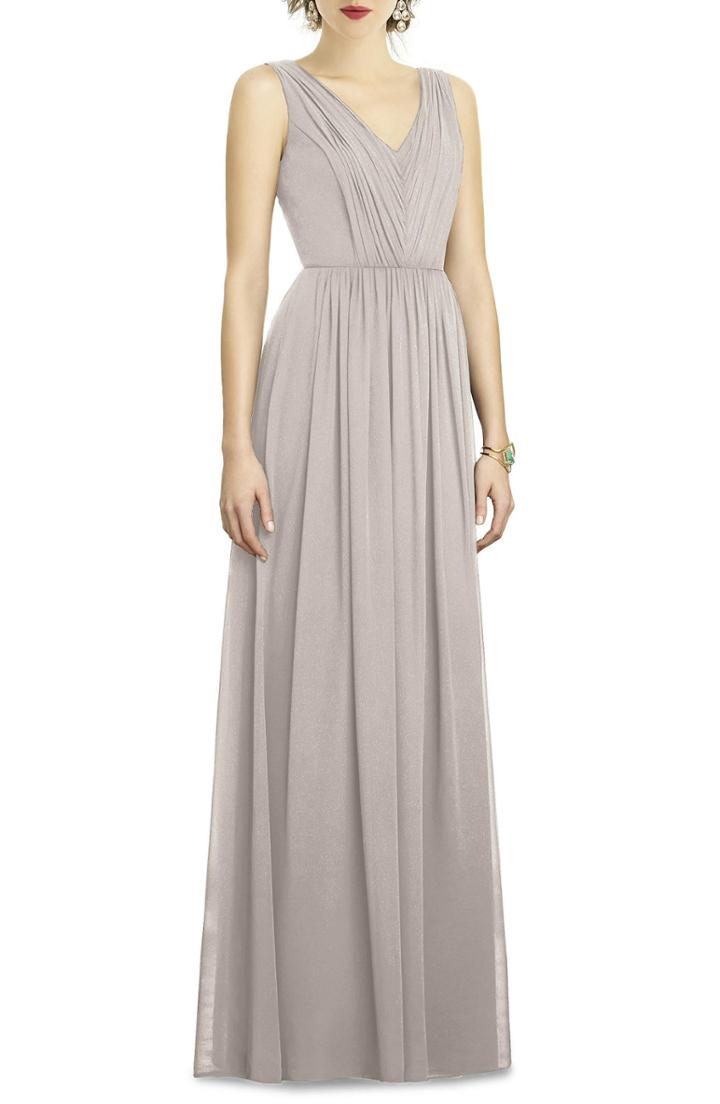 Women's Dessy Collection Shirred Shimmer Chiffon Gown (similar To 14w) - Beige