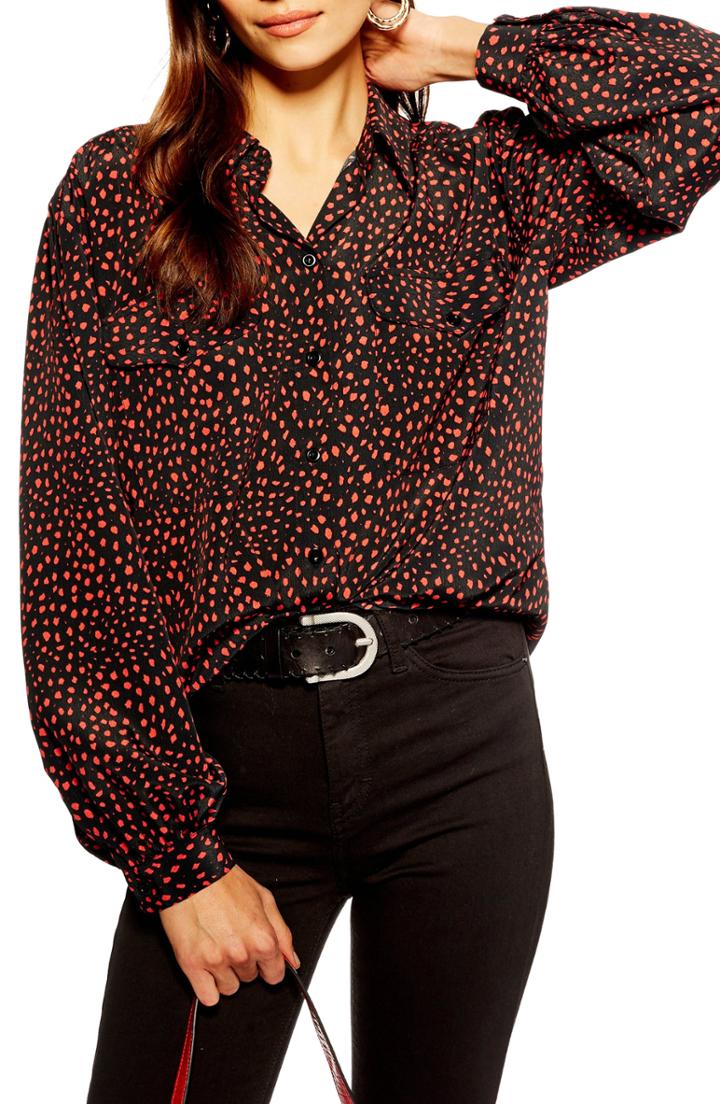 Women's Topshop Animal Spot Shirt Us (fits Like 0) - Black