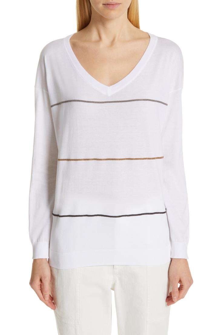 Women's Brunello Cucinelli Monili Stripe Cotton Sweater - White