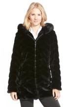 Women's Gallery Hooded Chevron Faux Fur Coat - Black