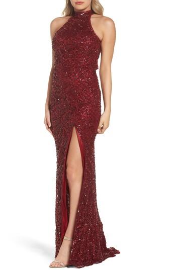 Women's Mac Duggal Beaded A-line Halter Gown - Red