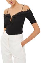 Women's Topshop Floral Applique Off The Shoulder Bodysuit Us (fits Like 0) - Black