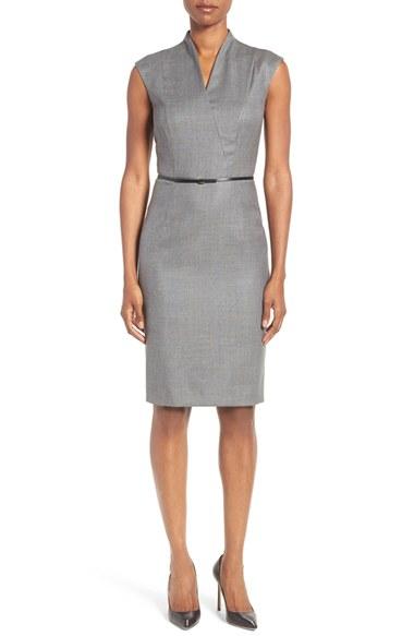 Women's Boss Difena Minidot Belted Wool Blend Sheath Dress