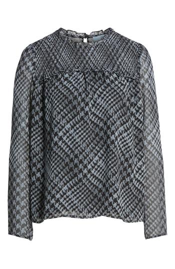 Women's Cece Houndstooth Smocked Neck Crepe Blouse, Size - Blue