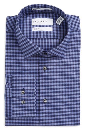 Men's Calibrate Trim Fit Non-iron Check Dress Shirt - 34/35 - Blue