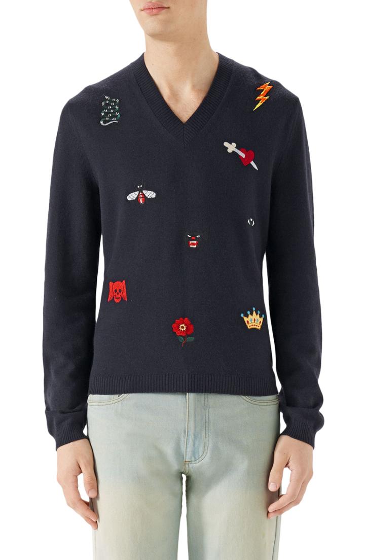 Men's Gucci V-neck Embroidered Wool Sweater