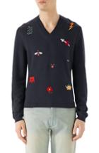 Men's Gucci V-neck Embroidered Wool Sweater