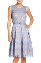 Women's Eliza J Belted Lace Fit & Flare Dress - Blue