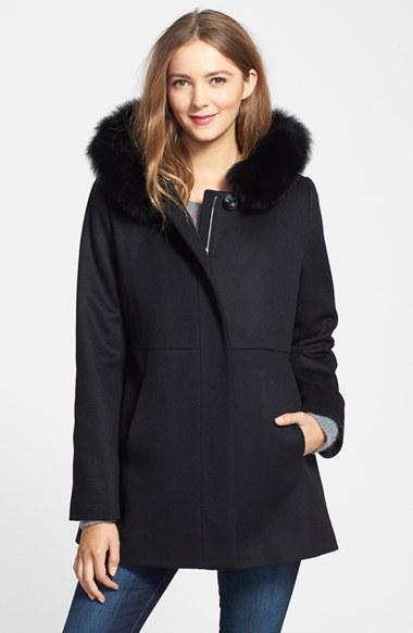 Women's Sachi Genuine Fox Fur Trim Hooded Wool Blend Coat - Black