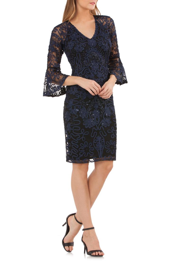 Women's Js Collections Bell Sleeve Bead & Soutache Cocktail Dress