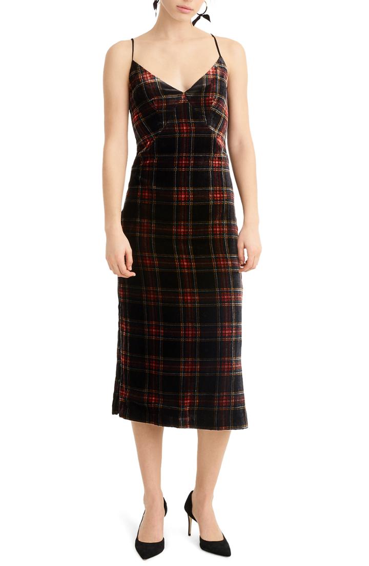 Women's J.crew Spaghetti Strap Midi Dress In Velvet Stewart Tartan - Black