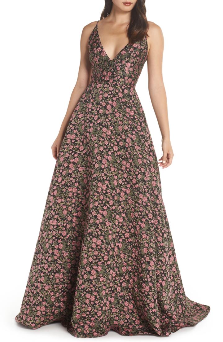 Women's Ml Monique Lhuillier V-neck Jacquard Evening Dress - Pink
