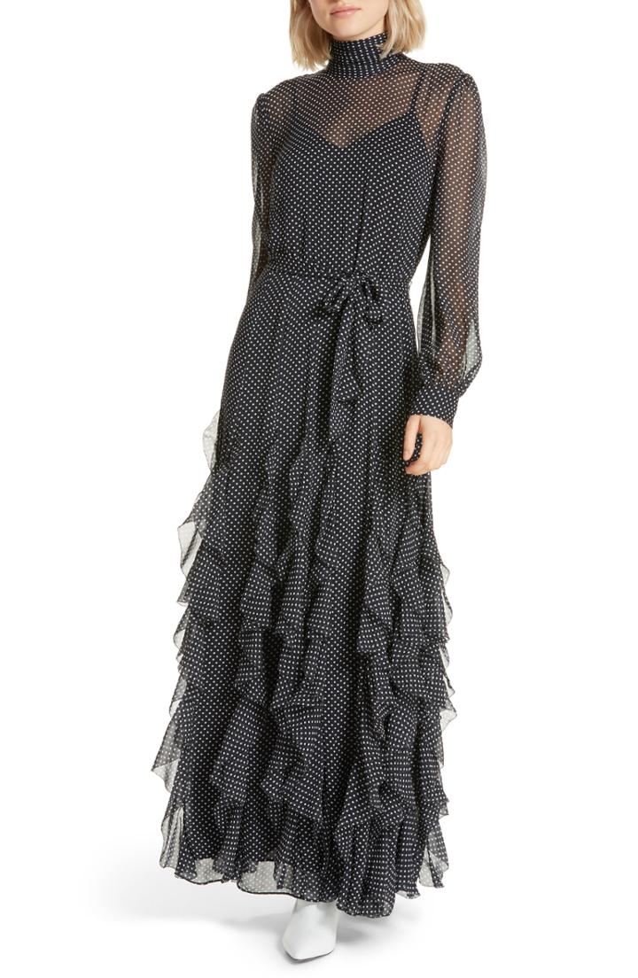 Women's Joie Cordula Dot & Ruffle Silk Maxi Dress - Black