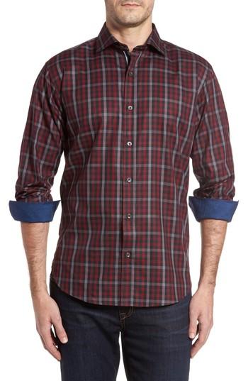 Men's Bugatchi Shaped Fit Herringbone Plaid Sport Shirt, Size - Red