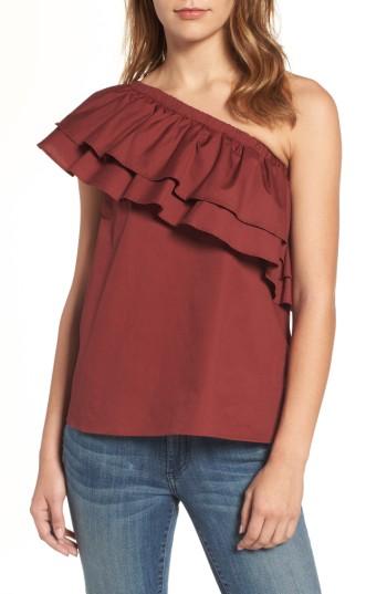 Petite Women's Halogen One-shoulder Cotton Poplin Top P - Burgundy