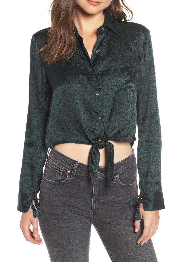 Women's Hudson Jeans Embroidered Button Tie Blouse - Green