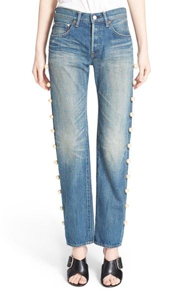Women's Tu Es Mon Tresor Imitation Pearl Embellished Jeans - White