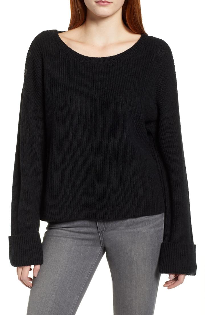 Women's Caslon Button Shoulder Sweater - Black