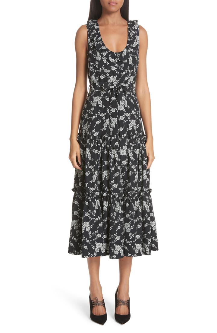 Women's Co Floral Tiered Gabardine Midi Dress - Black