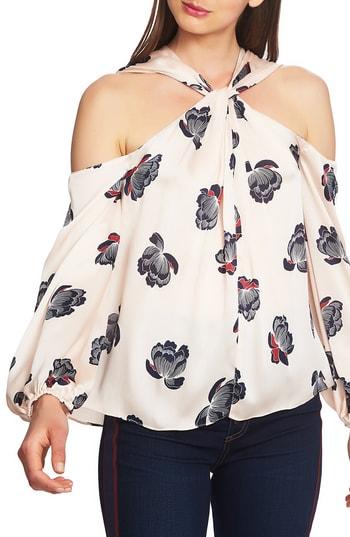 Women's 1.state Floating Blossoms Twist Neck Cold Shoulder Blouse - Pink