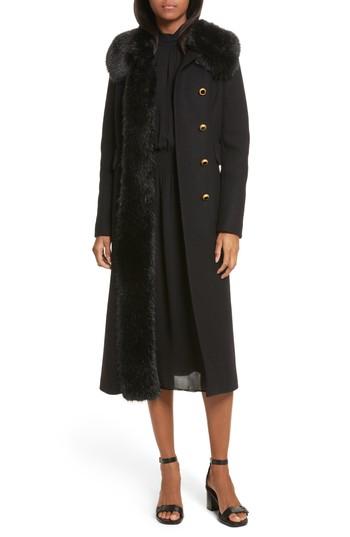 Women's Tory Burch Celeste Faux Fur Trim Wool Blend Coat - Black