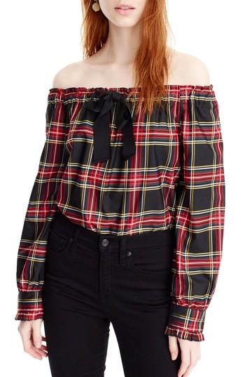 Women's J.crew Off The Shoulder Stewart Plaid Top - Red