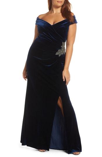 Women's Alex Evenings Off Shoulder Velvet Gown - Blue