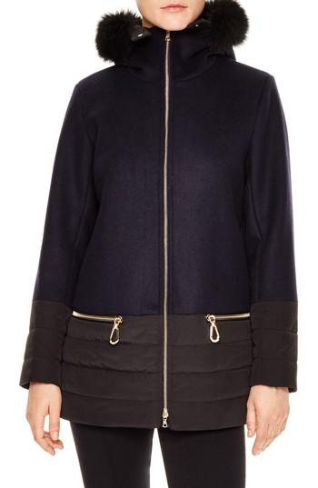 Women's Sandro Brina Hooded Mixed Media Coat With Genuine Removable Fox Fur Trim