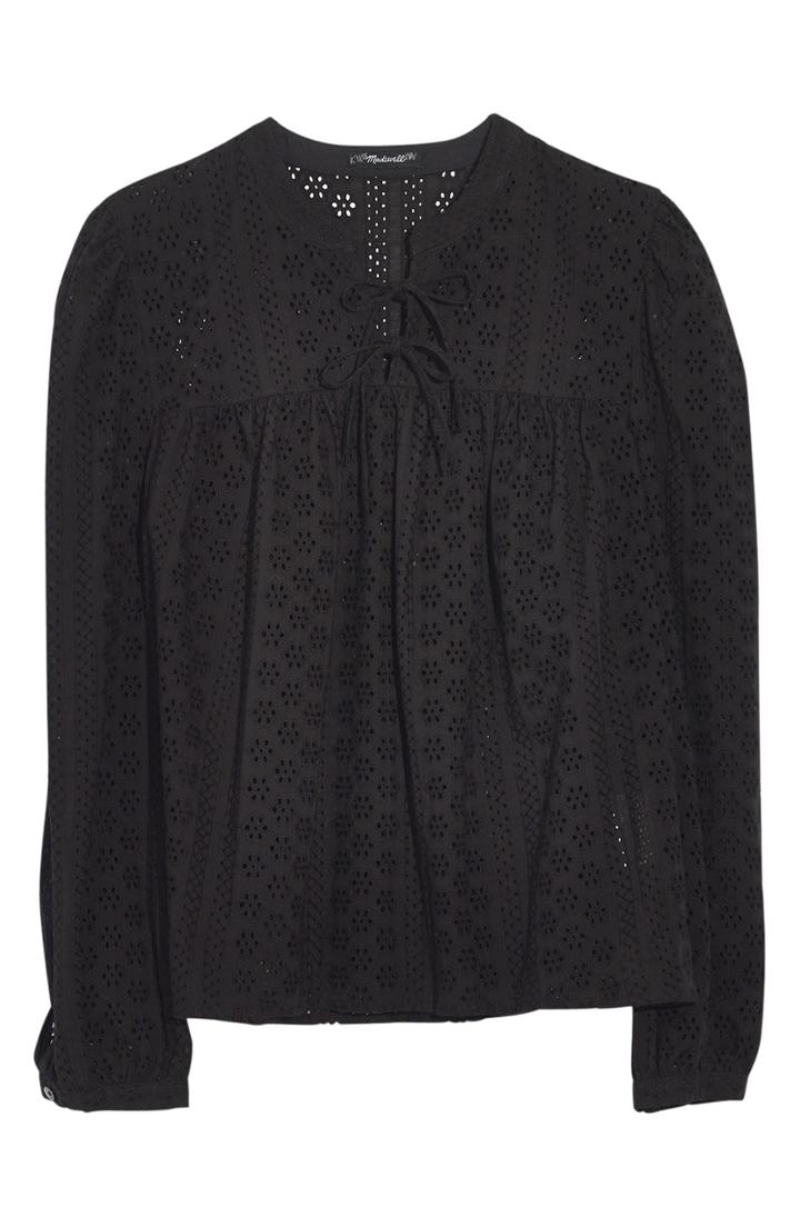 Women's Madewell Eyelet Double Tie Peasant Top, Size - Black