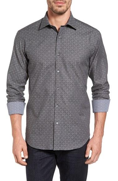 Men's Bugatchi Shaped Fit Diamond Stripe Jacquard Sport Shirt