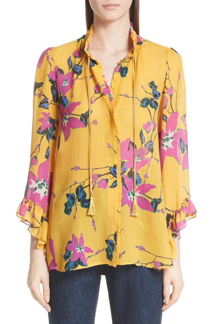 Women's Etro Lily Print Tie Neck Silk Blouse Us / 42 It - Metallic