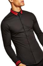 Men's Topman Muscle Fit Stripe Collar Shirt - Black