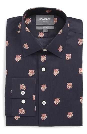 Men's Bonobos Tiger Head Slim Fit Stretch Print Dress Shirt .5 32 - Black
