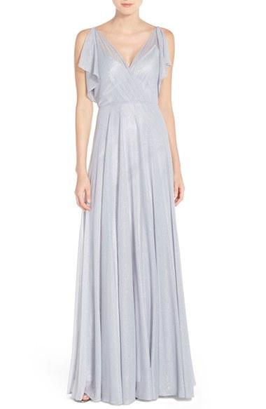 Women's Jenny Yoo 'cassie' V-neck Flutter Sleeve Shimmer Gown - Blue