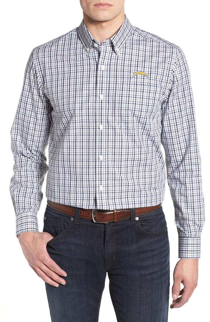 Men's Cutter & Buck Los Angeles Chargers - Gilman Regular Fit Plaid Sport Shirt, Size - Blue