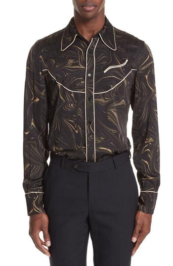 Men's Dries Van Noten Council Print Sport Shirt Eu - Black